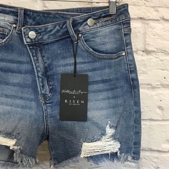 Risen Lg NWT Denim Women’s Shorts High Rise Crossover Waistband Distressed - Picture 3 of 8